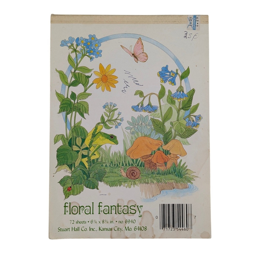 Stuart Hall Floral Fantasy Stationery Pad Vintage Frog Mushroom Snail 6x8 Fairy